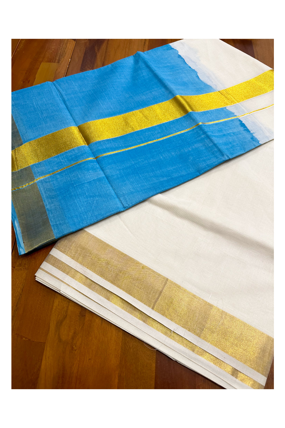 Southloom Tie and Dye Multi Colour Blue Kasavu Saree (Onam 2024 Collection)