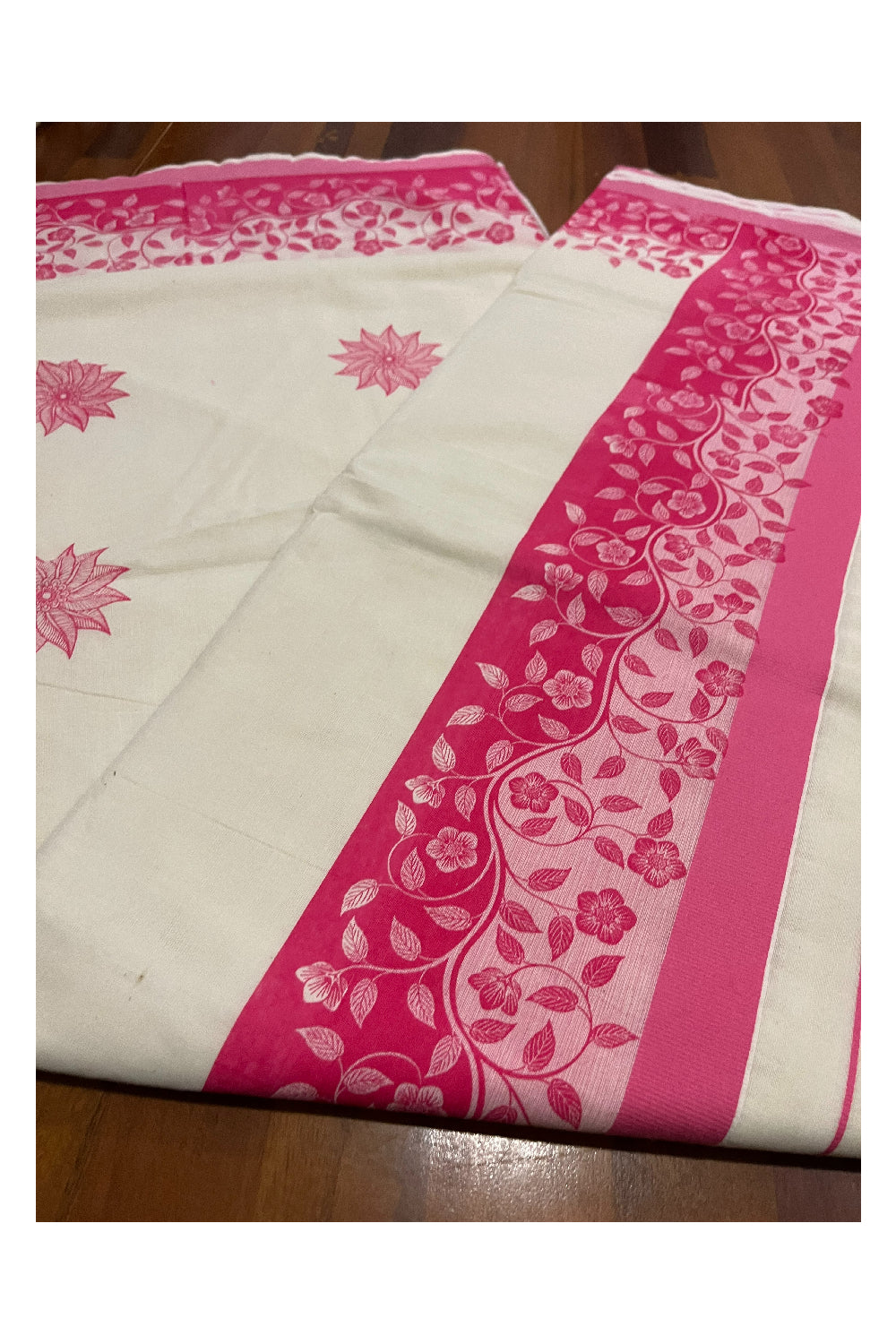 Kerala Cotton Saree with Pink Floral Block Prints on Border