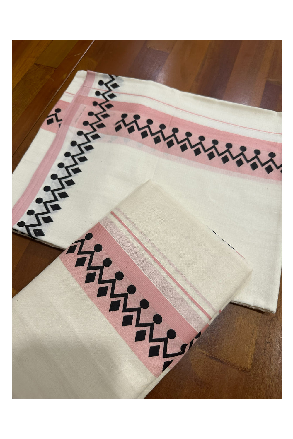 Kerala Cotton Set Mundu (Mundum Neriyathum) with Block Prints on Peach Border (Onam Set Mundu 2023)