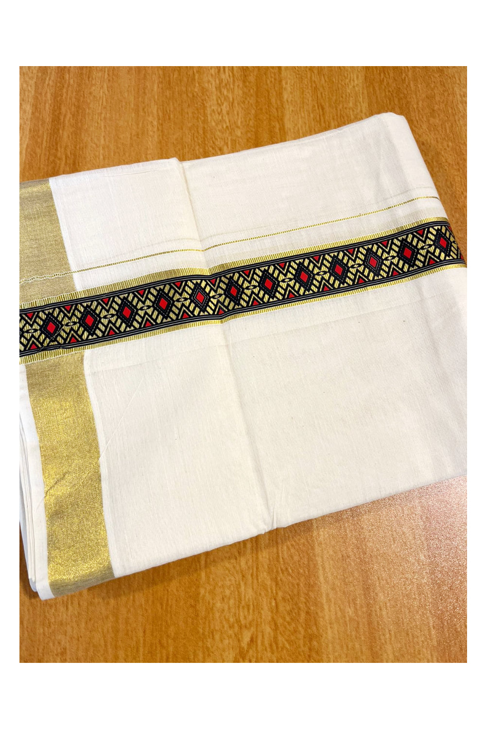 Southloom Kasavu Double Mundu with Prints on Kasavu Kara