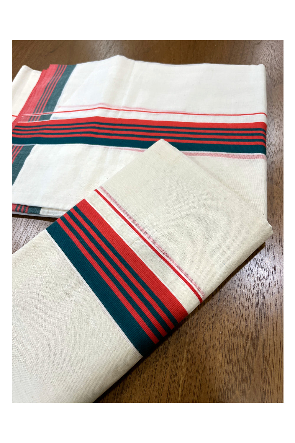 Southloom Premium Handloom Single Set Mundu (Mundum Neruyathum) with Green and Red Border