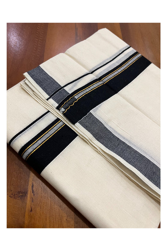 Pure Cotton Kerala Double Mundu with Black and Kasavu Line Kara (South Indian Kerala Dhoti)