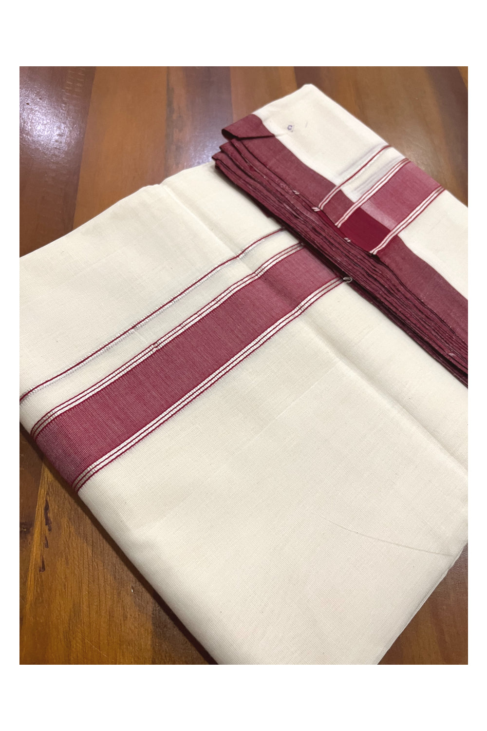 Southloom Premium Balaramapuram Unakkupaavu Handloom Mundu with Maroon and Silver Kasavu Border (South Indian Kerala Dhoti)