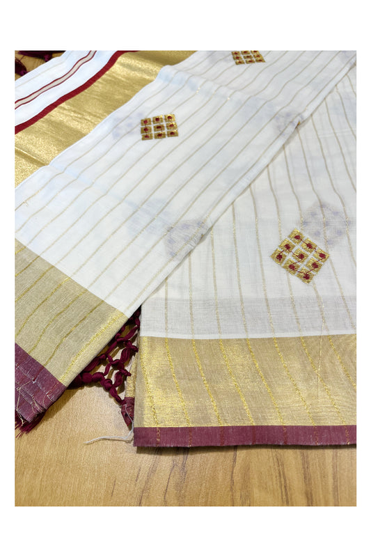 Kerala Cotton Kasavu Stripes Saree with Maroon Floral Embroidery Design on Body