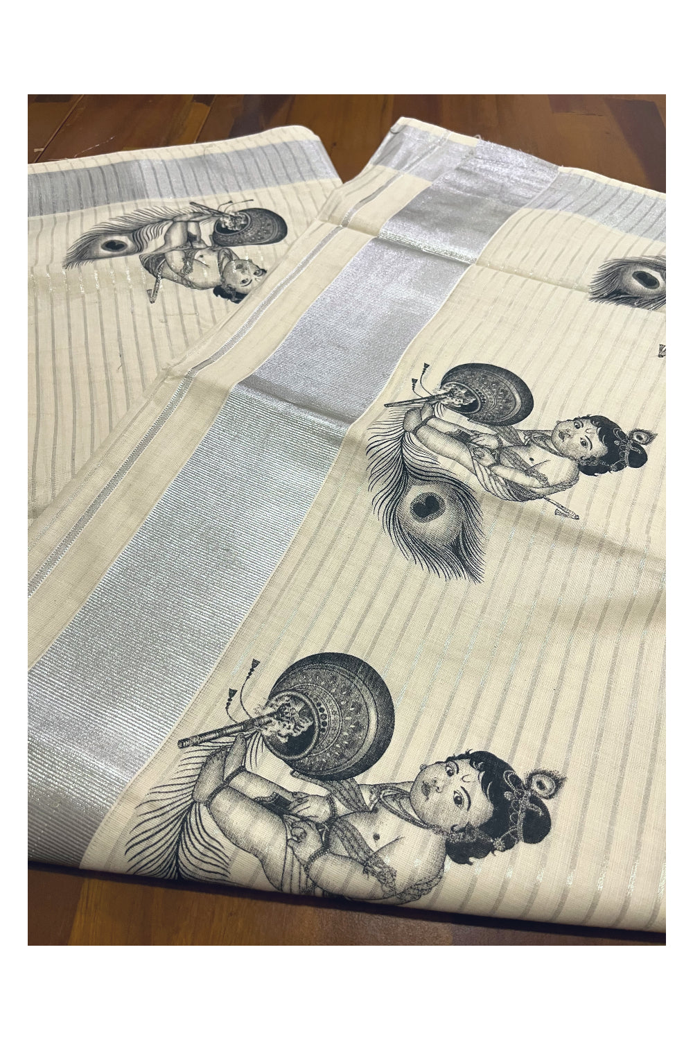 Pure Cotton Kerala Silver Kasavu Lines Design Saree with Baby Krishna with Pot Mural Prints (Onam Collection 2024)