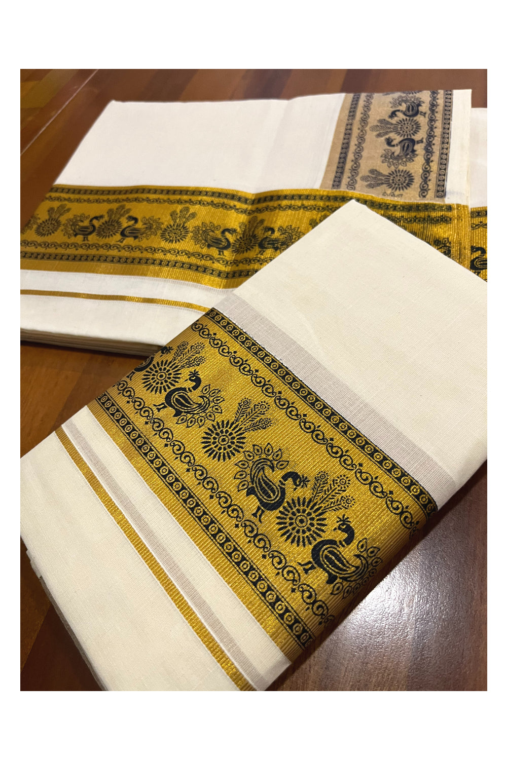 Southloom Pure Cotton Kerala Single Set Mundu with Black Peacock Prints on Kasavu Border (Onam Set Mundu 2023)