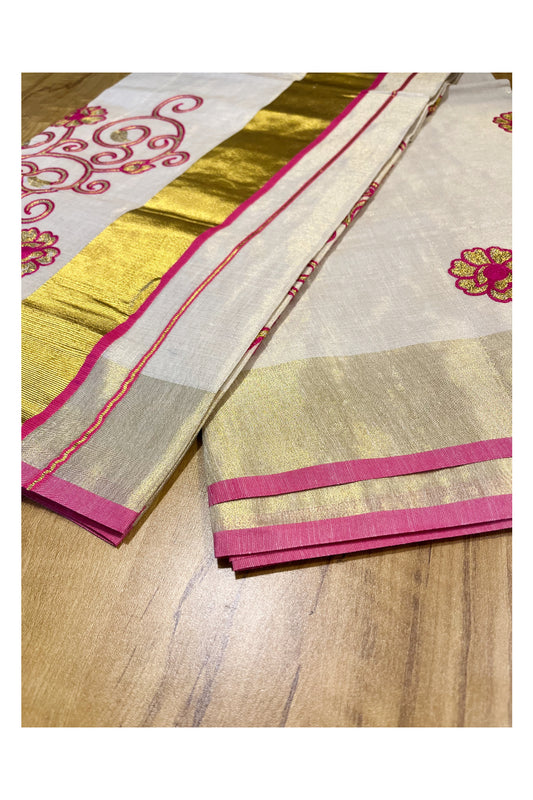 Kerala Tissue Kasavu Saree With Pink and Golden Floral Embroidery Works