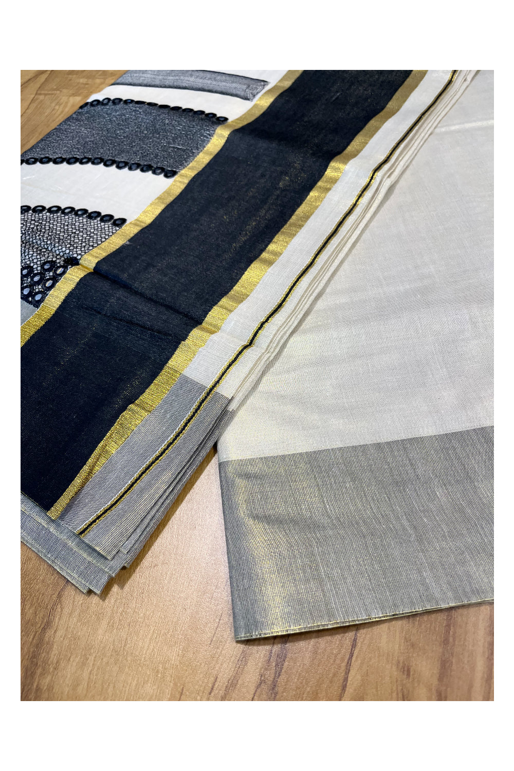 Southloom Kerala Tissue Kasavu Saree with Black Mirror Work