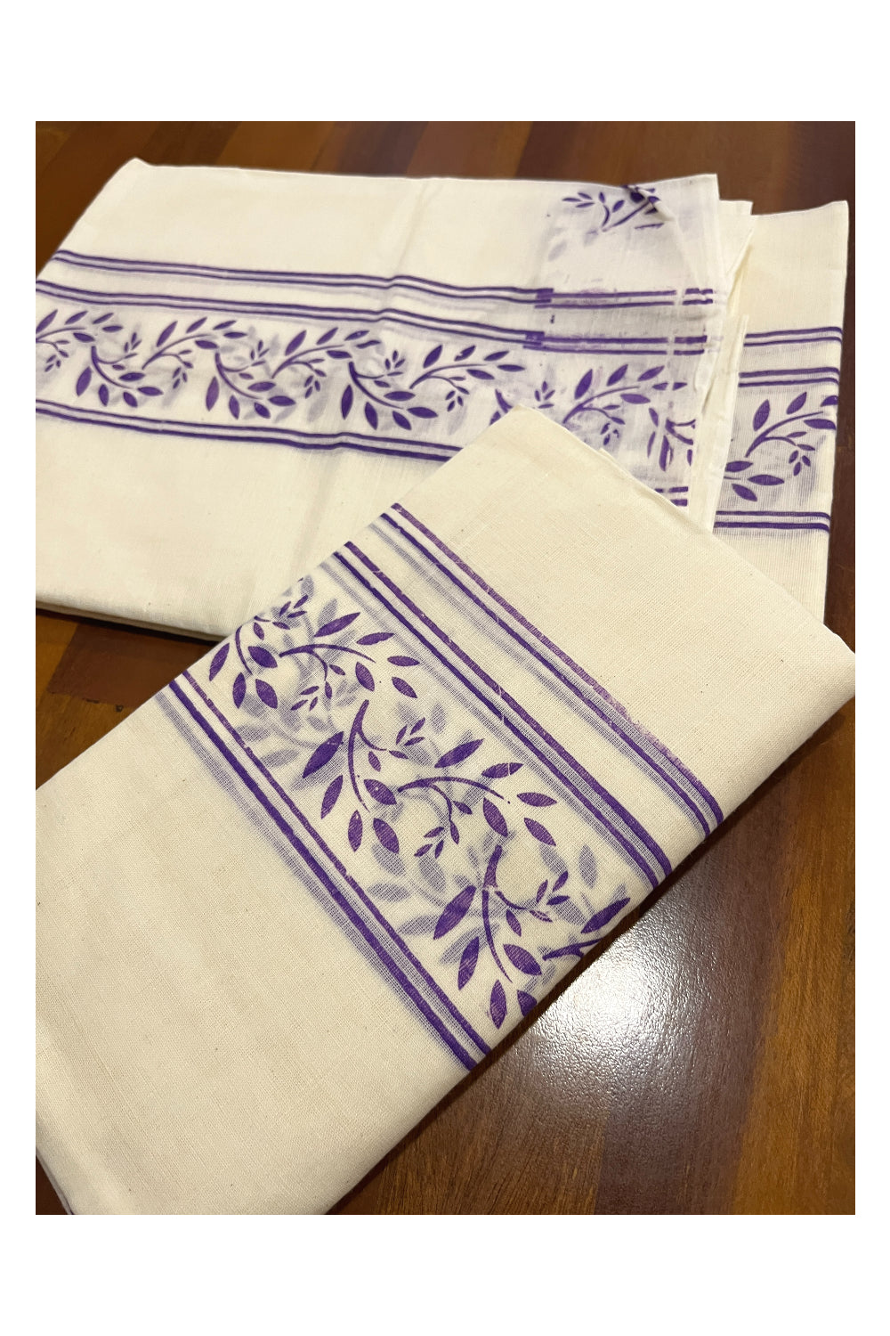 Pure Cotton Kerala Single Set Mundu (Mundum Neriyathum) with Violet Block Prints on Border