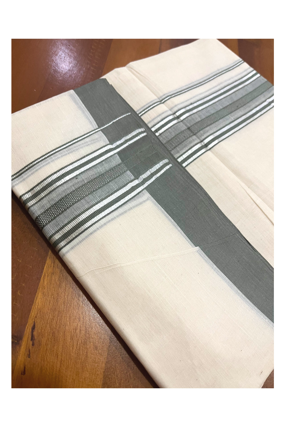 Pure Cotton 100x100 Double Mundu with Silver Kasavu and Greyish Green Kara (Onam Mundu 2023)