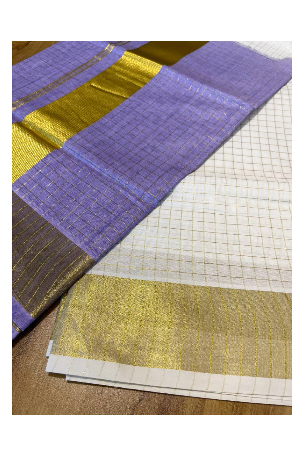 Southloom Cotton Tie & Dye - Half & Half Violet Design Saree with Kasavu Checks Across Body