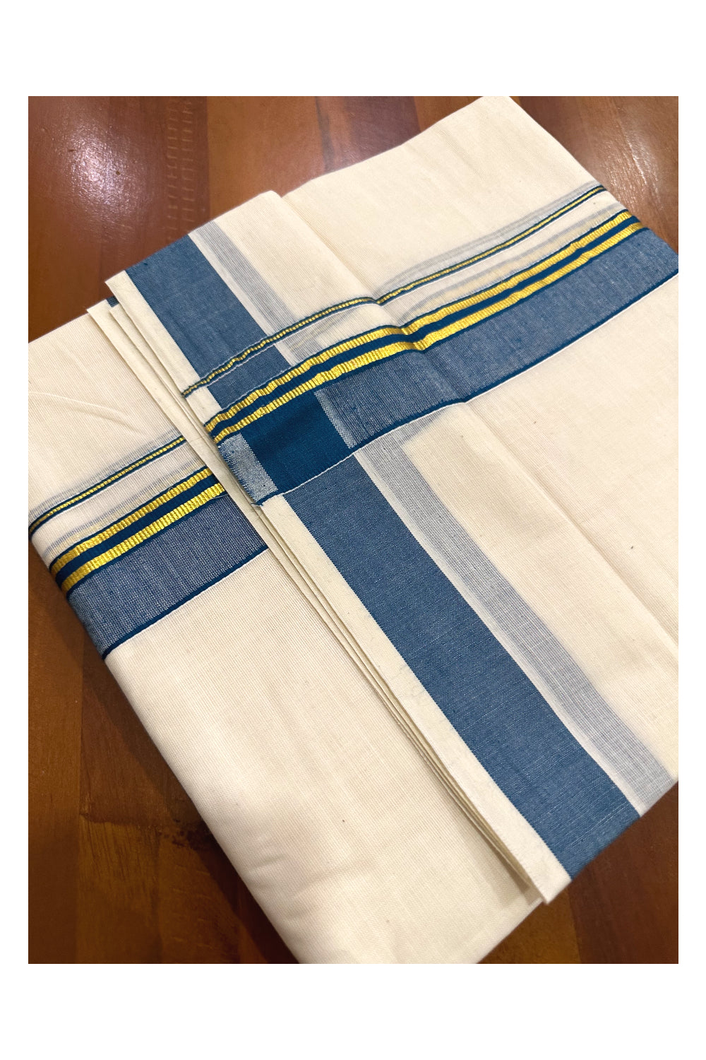 Kerala Cotton Double Mundu with Blue and Kasavu Border (Onam Mundu 2023)