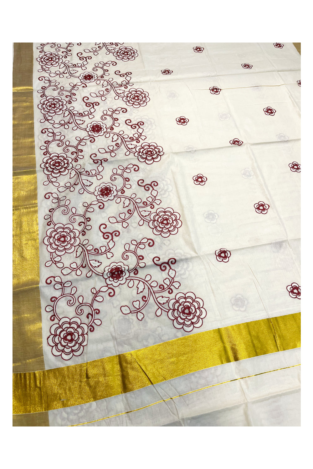 Southloom Kerala Cotton Kasavu Saree with Maroon And White Floral Embroidery Designs