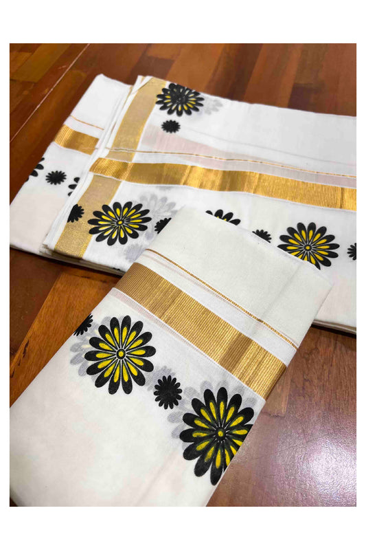 Kerala Cotton Set Mundu (Mundum Neriyathum) with Black Yellow Floral Prints on Kasavu Border