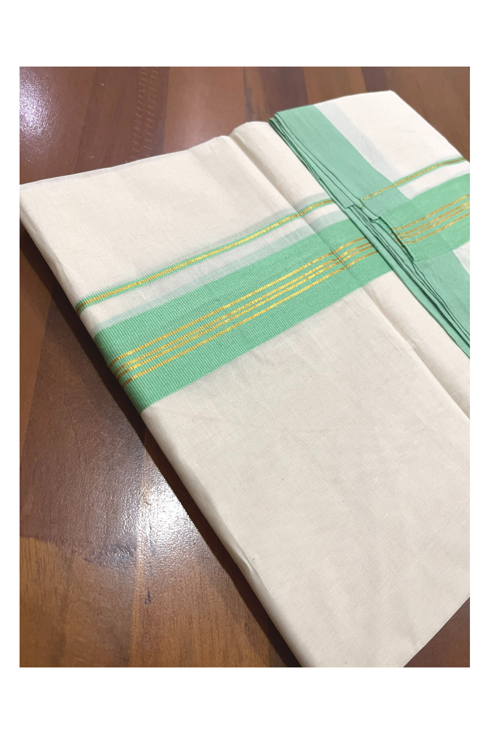 Pure Cotton 100x100 Double Mundu with Kasavu and Light Green Kara (Onam Mundu 2023)