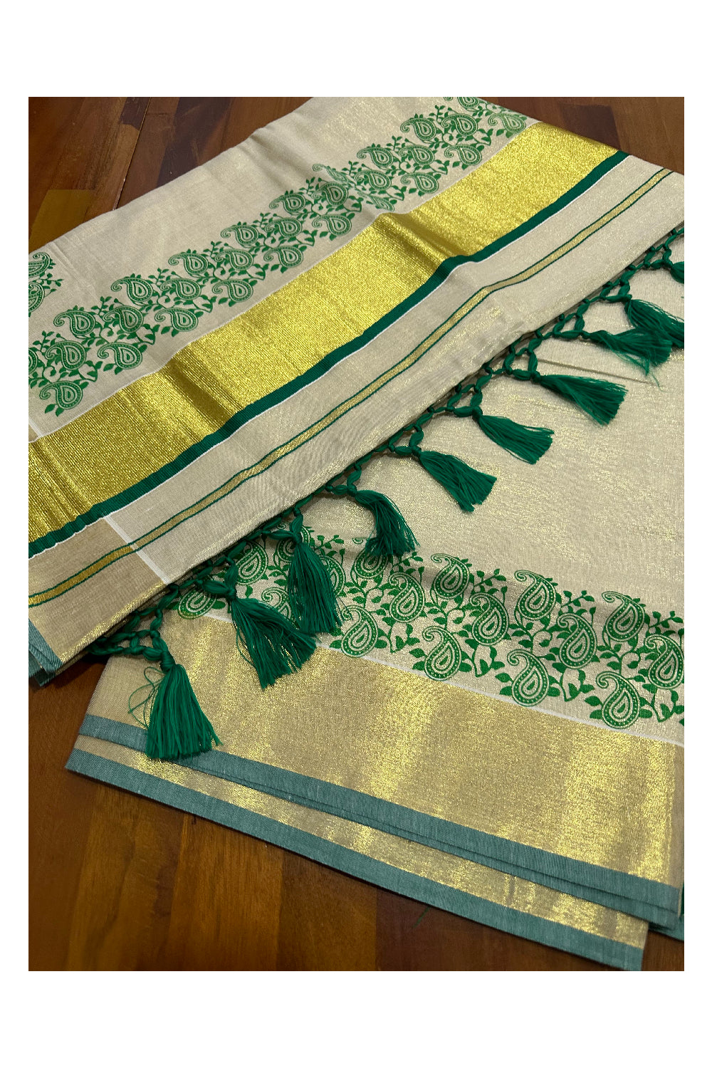 Kerala Tissue Kasavu Saree with Light Green Paisley Block Prints and Tassels Works on Pallu (Onam Saree 2023)