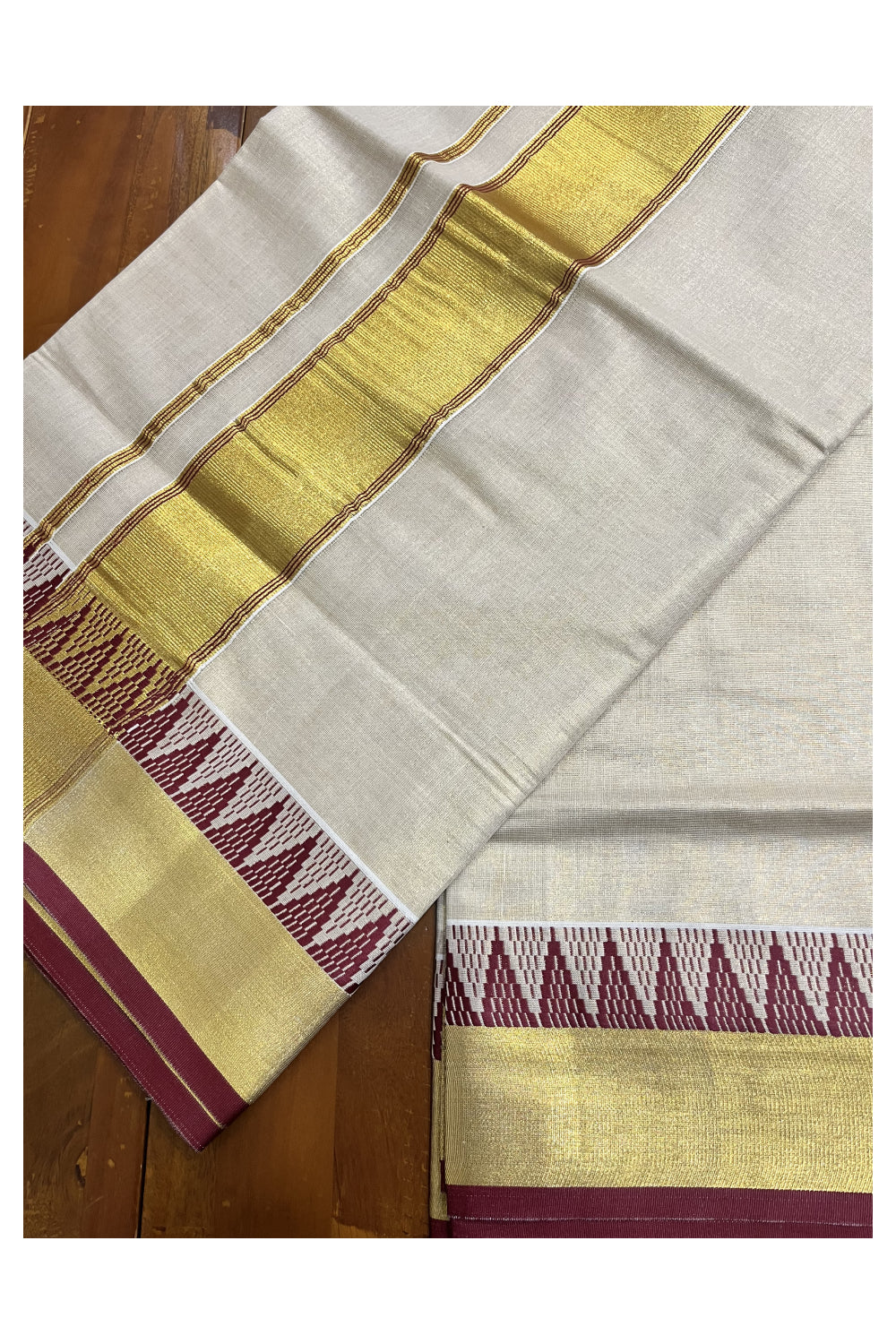 Kerala Tissue Saree with Kasavu and Maroon Temple Woven Designs on Border (Vishu 2024 Collection)