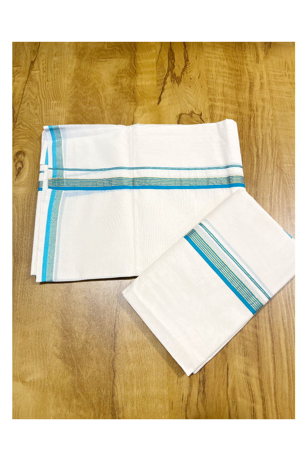 Kerala Pure Cotton Set Mundu Single (Mundum Neriyathum) with Blue and Kasavu Border 2.80 Mtrs