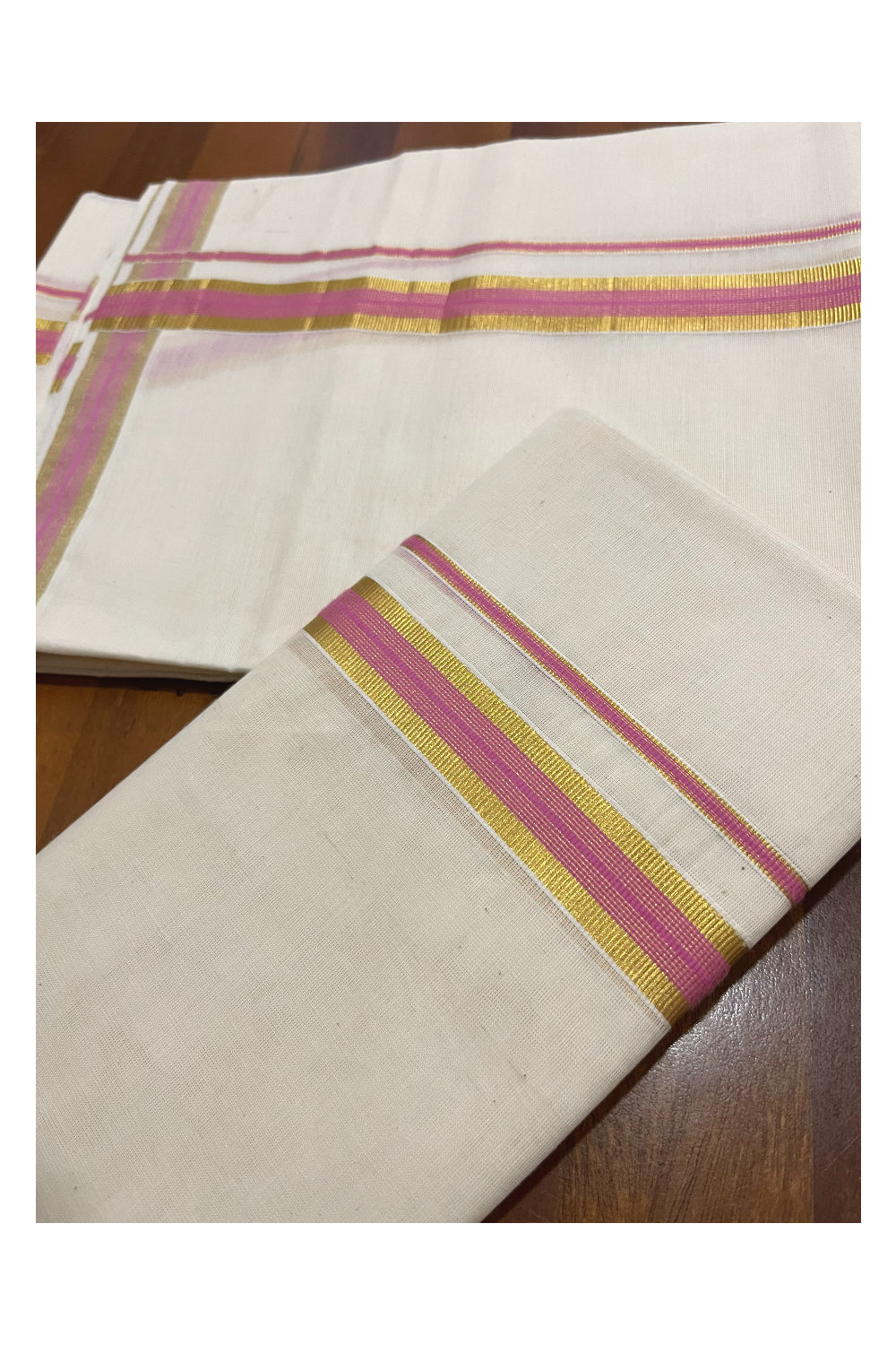 Pure Cotton Kerala Single Set Mundu (Mundum Neriyathum) with Pink and Kasavu Border 2.80 Mtrs (Onam Set Mundu 2023)