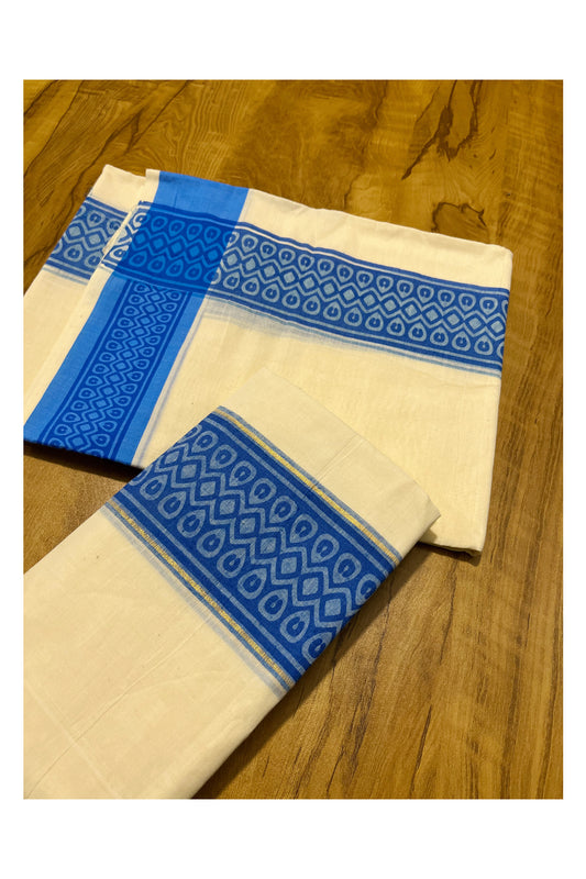 Kerala Cotton Single Set Mundu (Mundum Neriyathum) with Blue Block print Border 2.80Mtrs