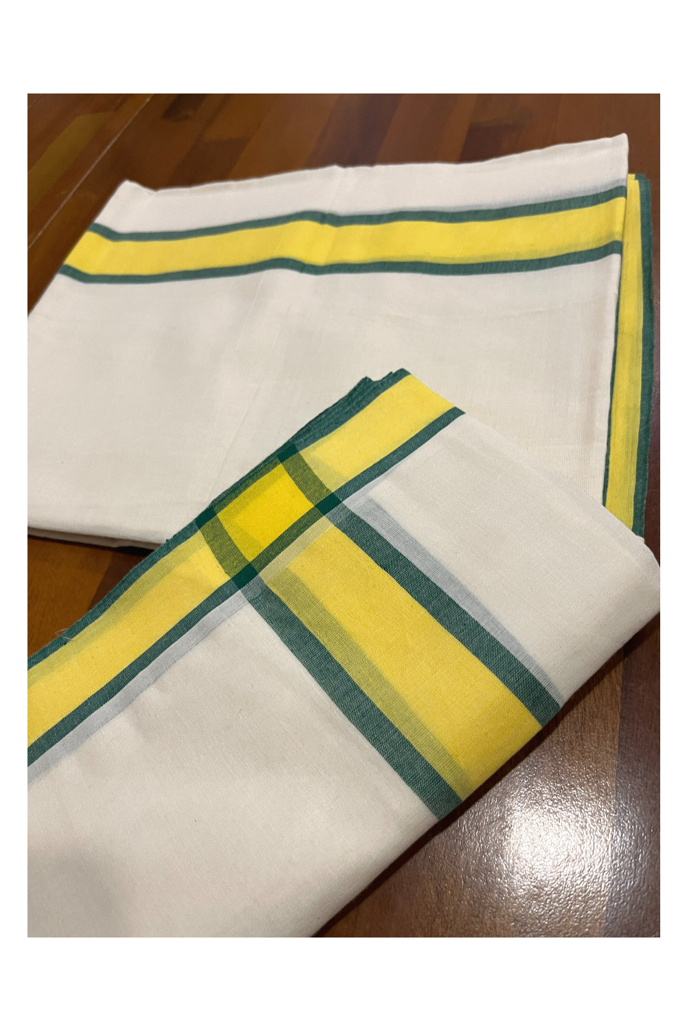 Kerala Cotton Mulloth Single Set Mundu (Mundum Neriyathum) with Yellow and Green Border (Extra Soft Cotton)