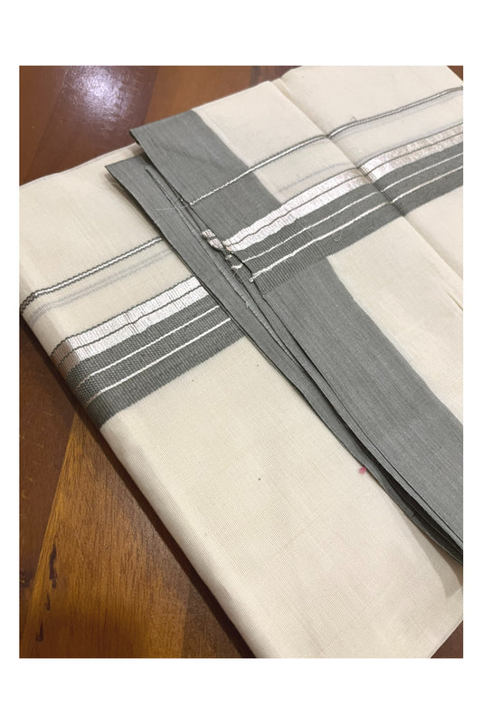 Pure Cotton 100x100 Double Mundu with Silver Kasavu and Greyish Green Border (Onam Mundu 2023)