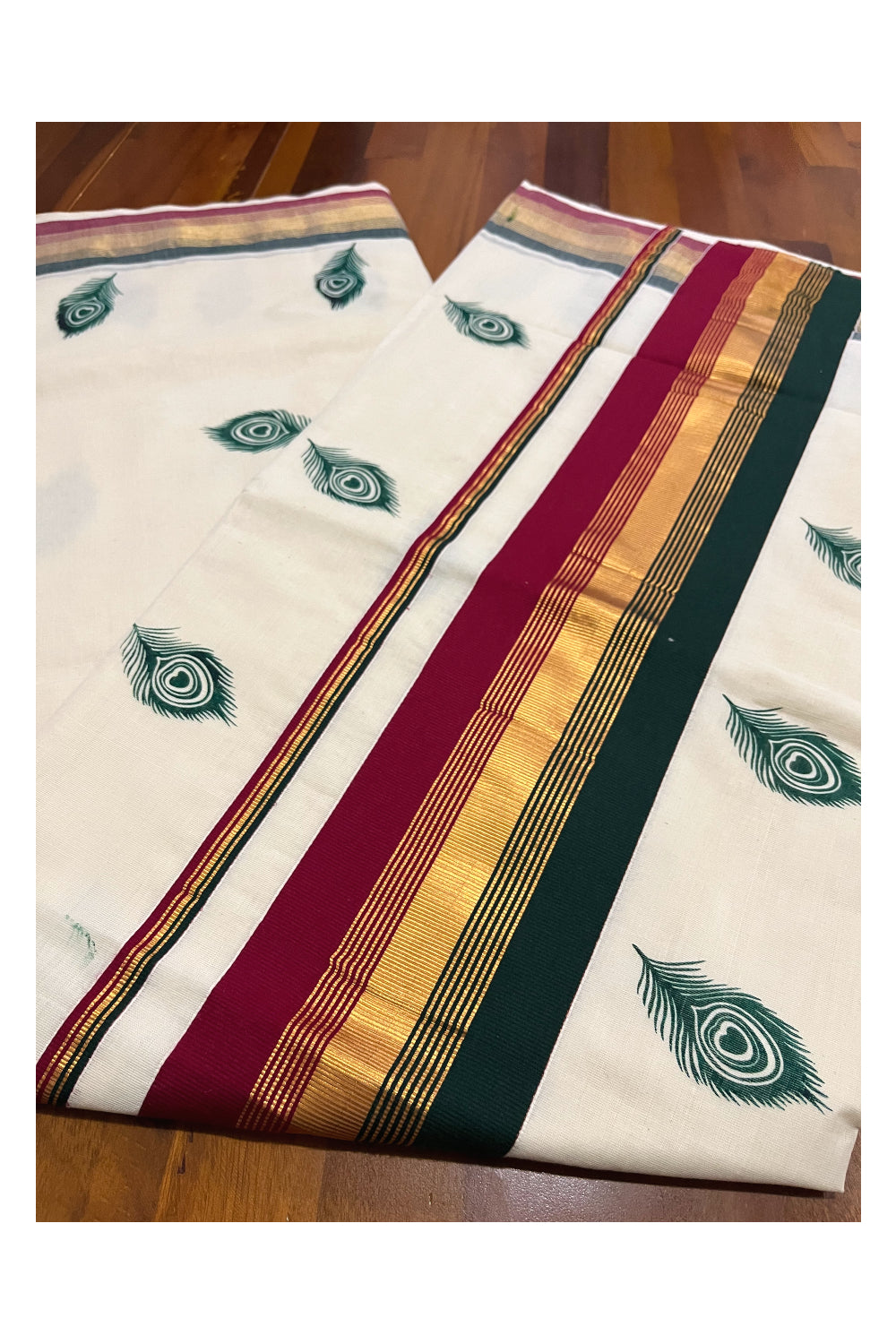 Pure Cotton Kerala Kasavu Saree with Feather Block Printed Maroon Green Border