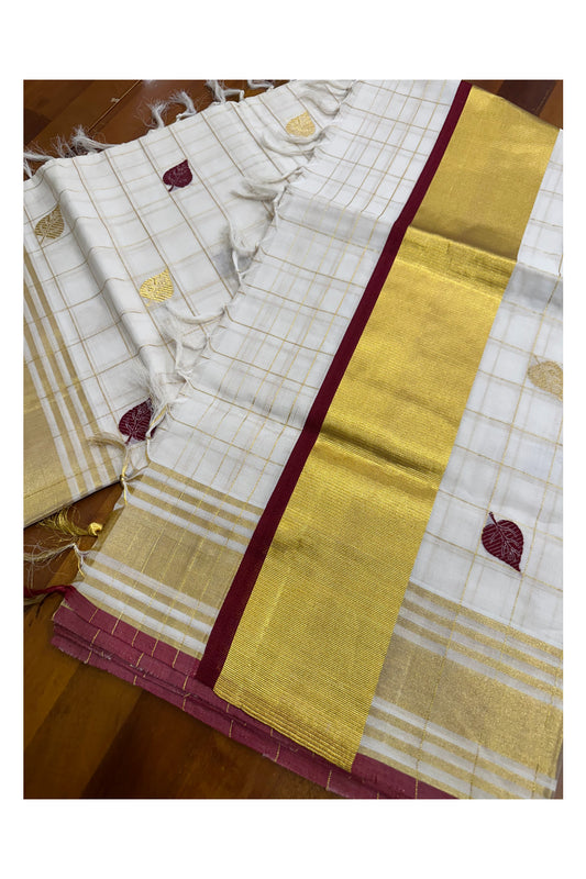 Southloom™ Premium Handloom Kerala Kasavu Check Saree with Golden and Maroon Leaf Woven Designs