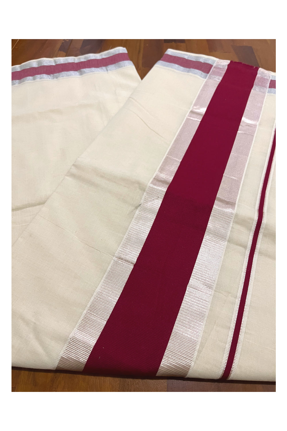 Pure Cotton Kerala Saree with Maroon and Silver Kasavu Border