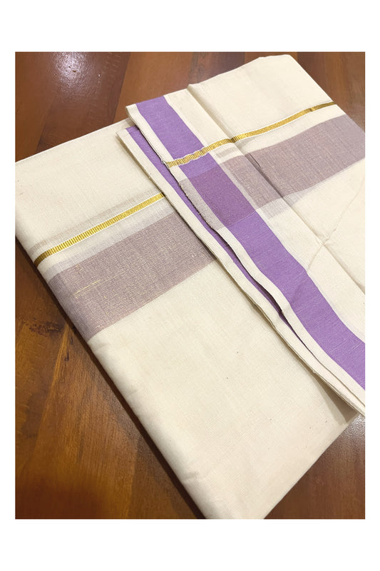 Pure Cotton Kerala Double Mundu with Kasavu and Violet Kara (South Indian Kerala Dhoti)