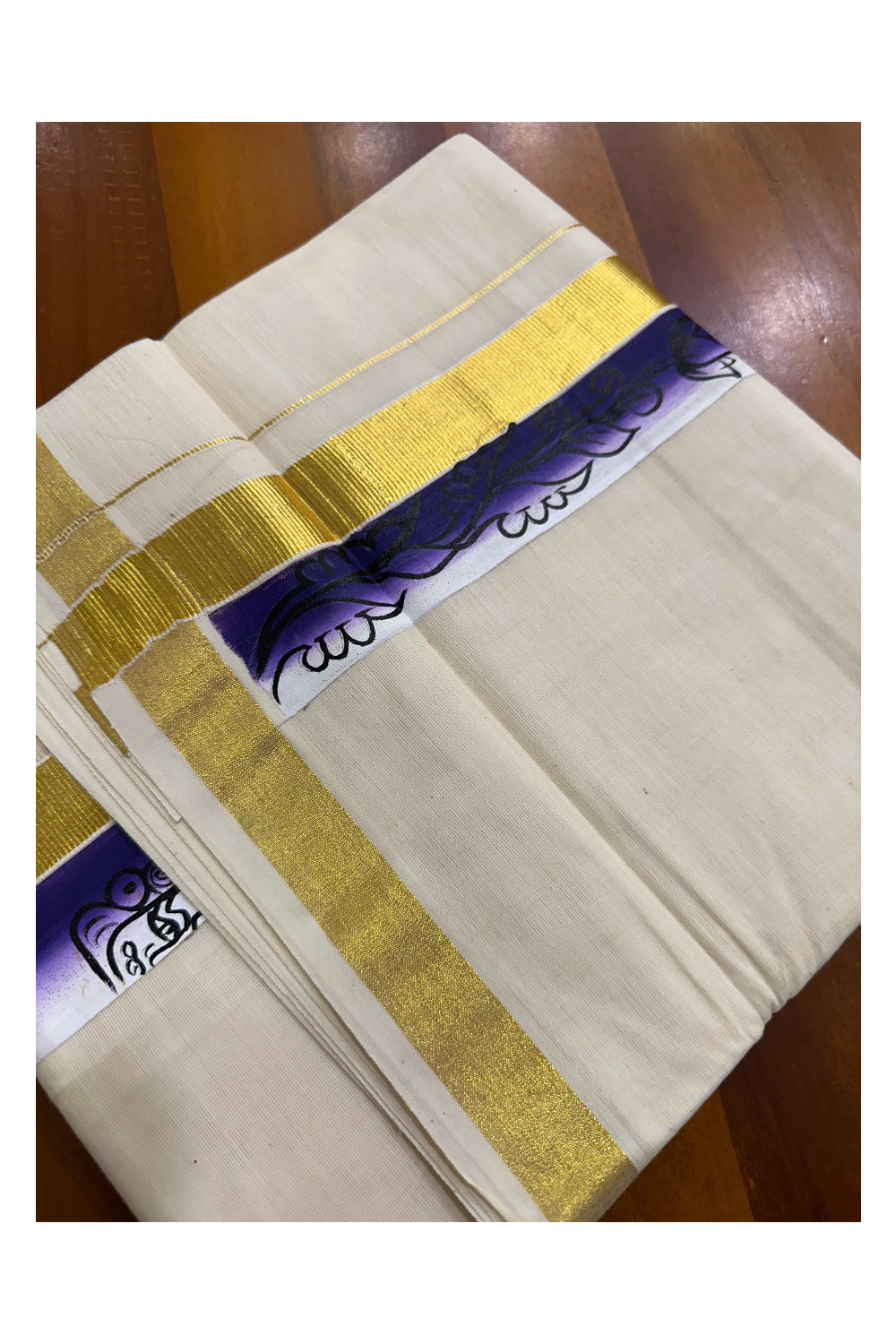 Kerala Pure Cotton Double Mundu with Hand Painted Designs on Kasavu Border(South Indian Kerala Dhoti)