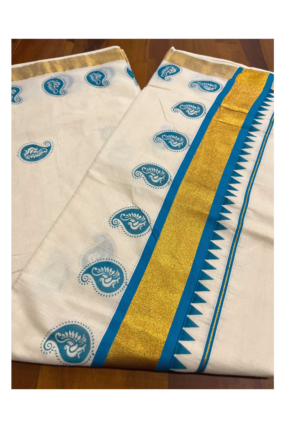 Pure Cotton Kerala Kasavu Saree with Blue Paisley Peacock Block Prints on Body and Kasavu Border