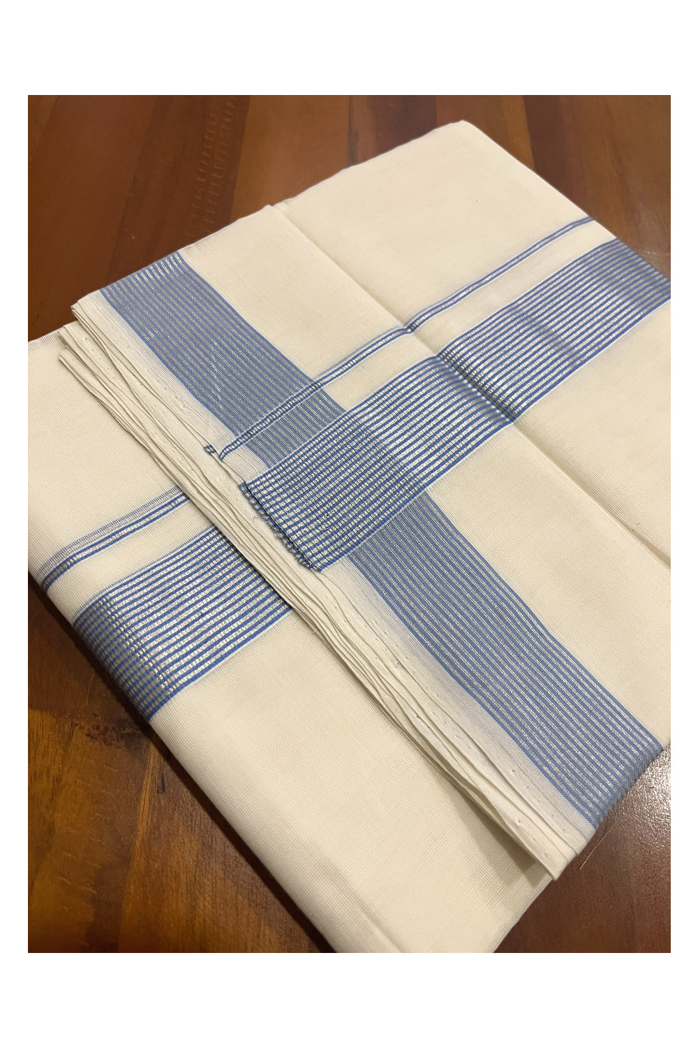 Southloom Premium Handloom Cotton Double Mundu with Silver Kasavu and Blue Lines Border (South Indian Kerala Dhoti)