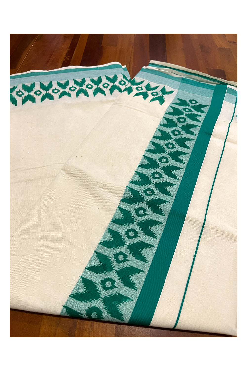 Pure Cotton Kerala Saree with Green Block Printed Border