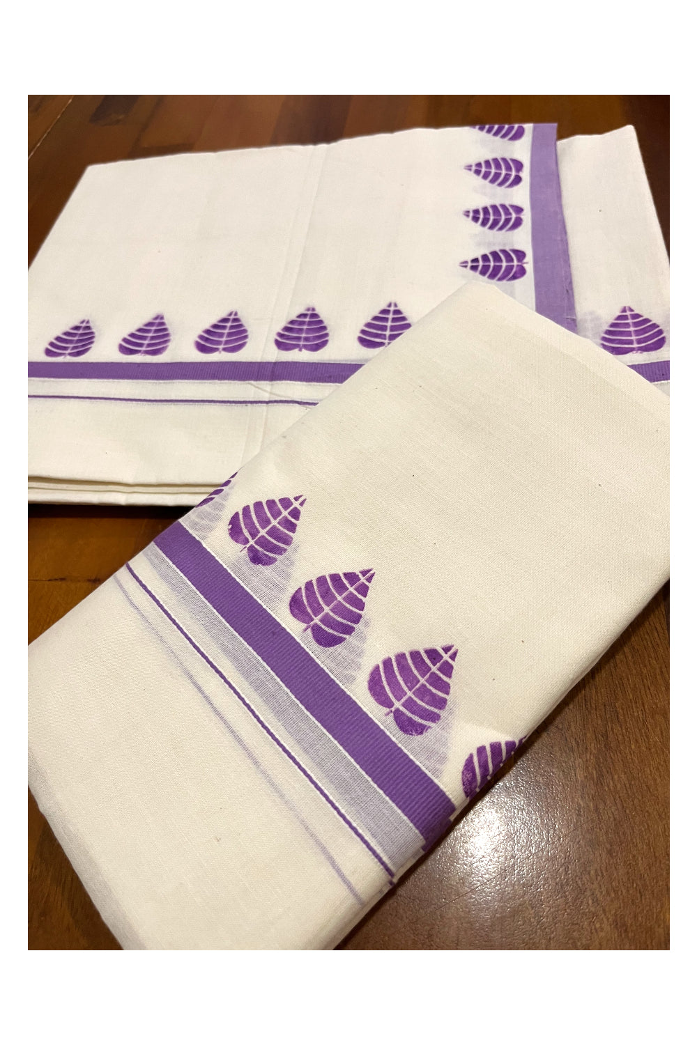 Kerala Cotton Mundum Neriyathum Single (Set Mundu) with Violet Block Prints on Border