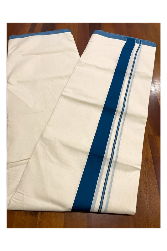 Off White Kerala Double Mundu with Blue Kara (South Indian Kerala Dhoti)