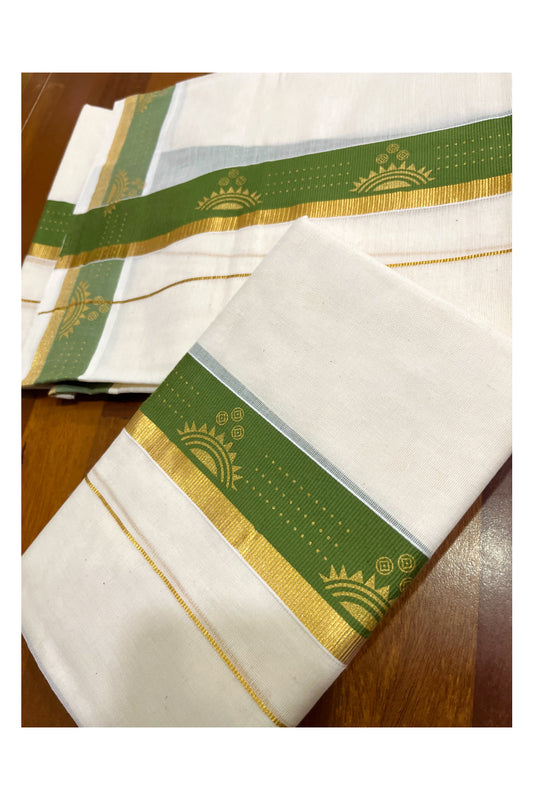 Kerala Pure Cotton Single Set Mundu (Mundum Neriyathum) with Block Prints on Green and Kasav Border