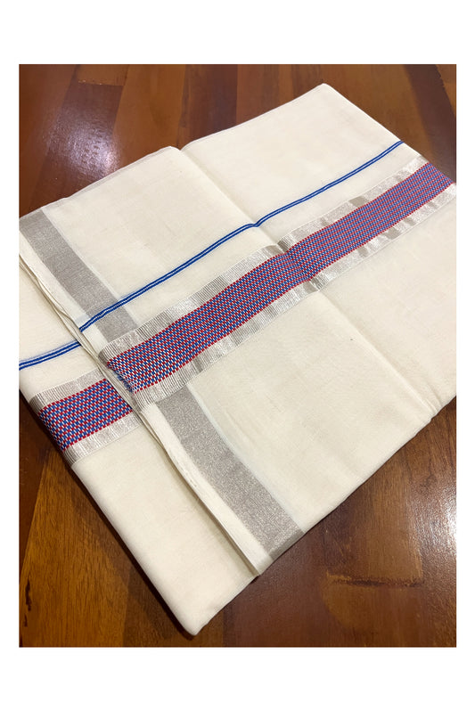 Southloom Premium Handloom Cotton Double Mundu with Silver Kasavu and Blue Magenta Woven Border (South Indian Kerala Dhoti)