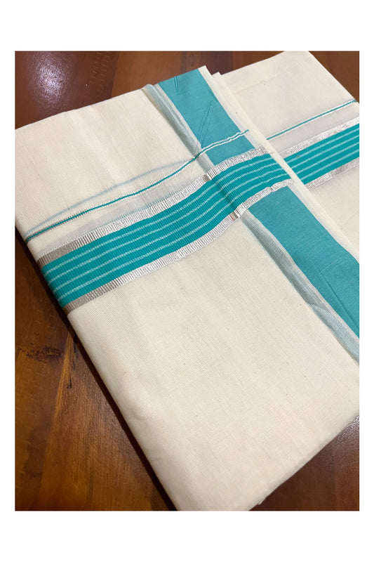 Kerala Cotton Double Mundu with Turquoise and Silver Kasavu Line Border (Onam Mundu 2023)