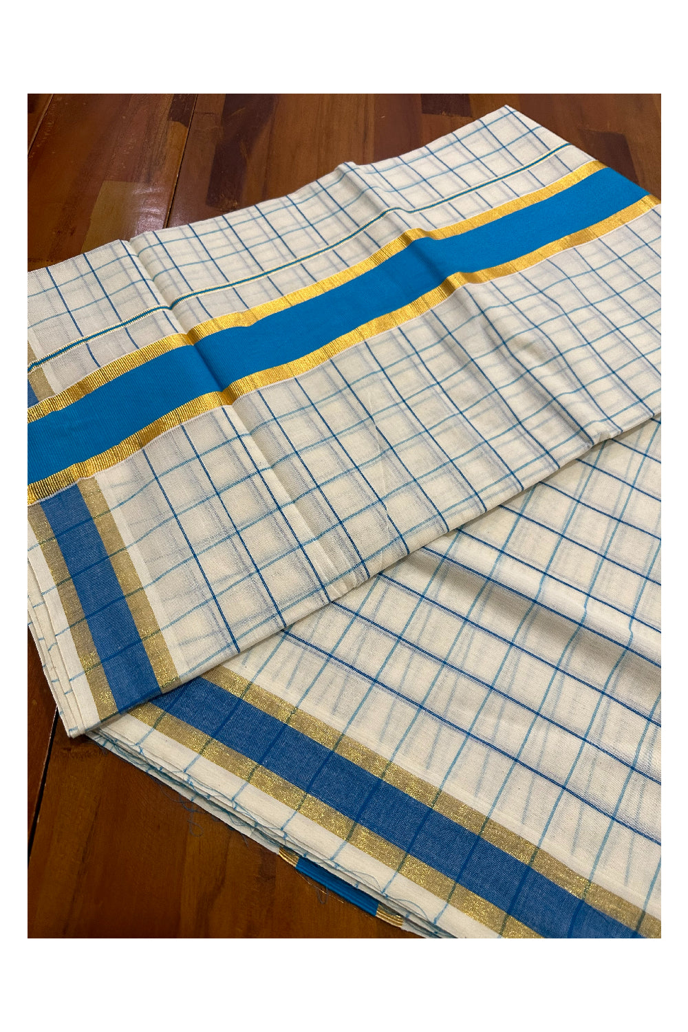 Kerala Woven Check Design Saree with Kasavu and Blue Border (Onam Saree 2023)