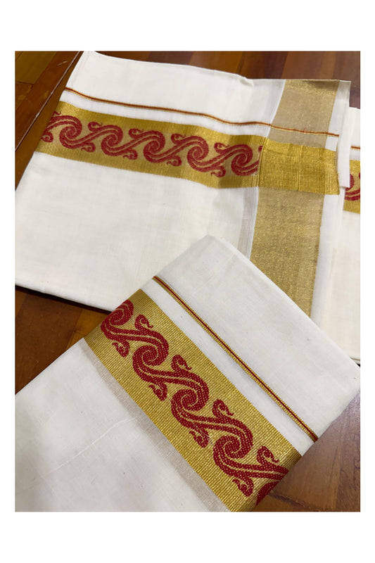 Kerala Pure Cotton Single Set Mundu (Mundum Neriyathum) with Red Block Prints on Kasavu Border-2.80Mtrs