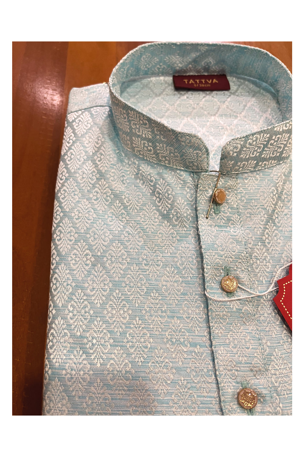 Southloom Light Blue Woven Patterns Cotton Silk Short Kurta for Men