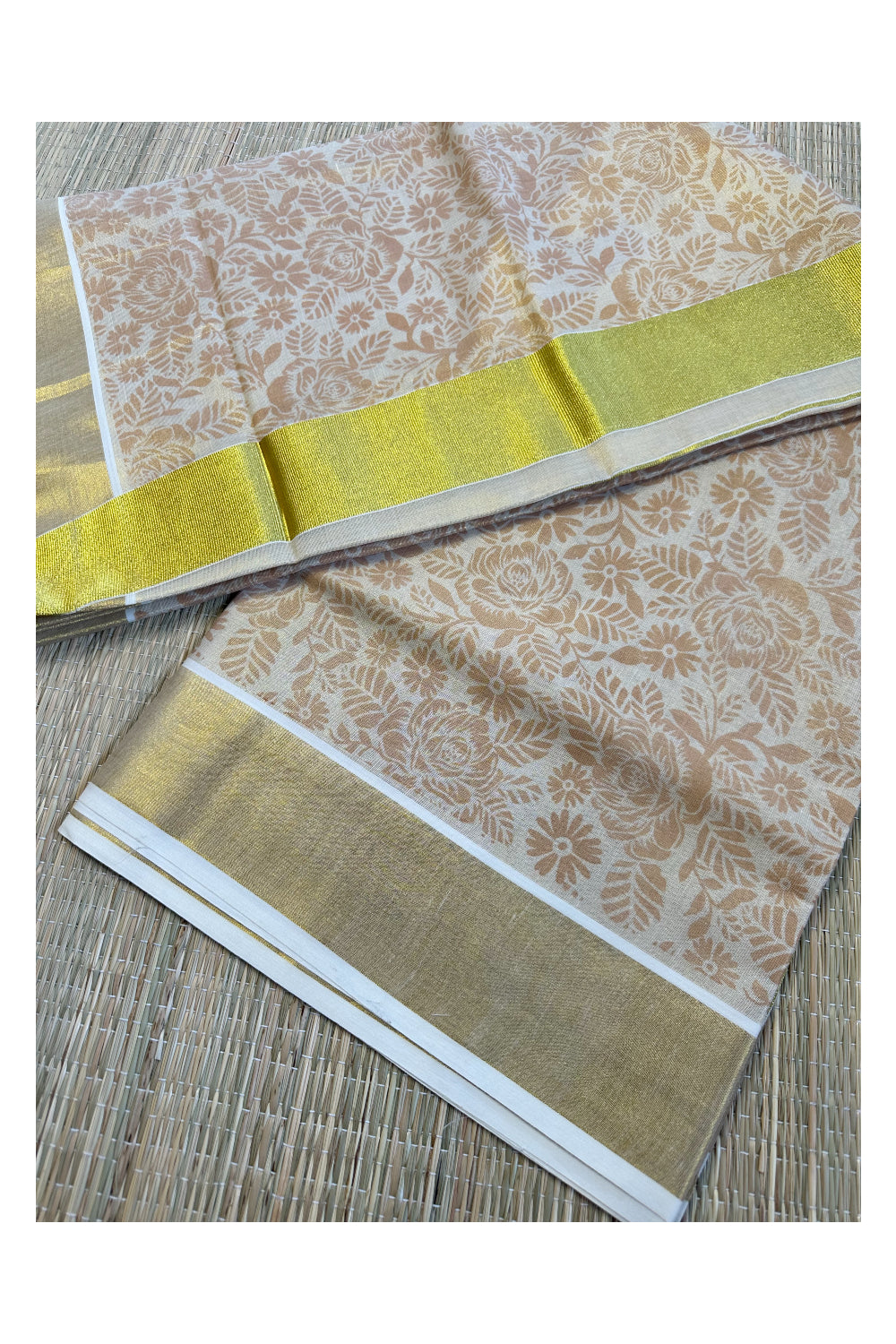 Kerala Tissue Kasavu Saree with Brown Block Printed Designs