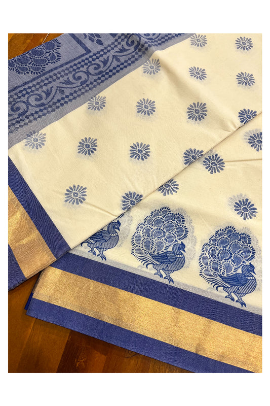 Pure Cotton Kerala Saree with Dark Blue Block Print Designs and Kasavu Border (Vishu 2024 Collection)
