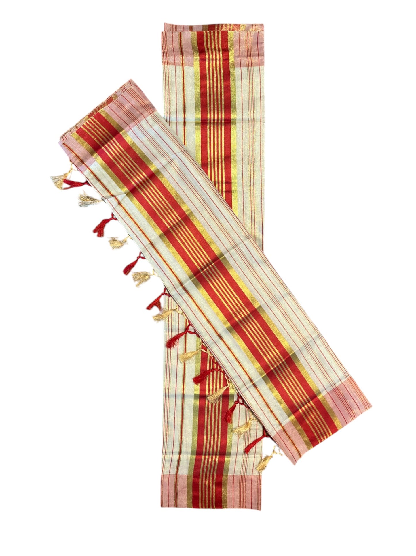 Kerala Tissue Single Set Mundu (Mundum Neriyathum) with  Kasavu Lines Across Body And Red Kasavu Border 2.80 Mtrs