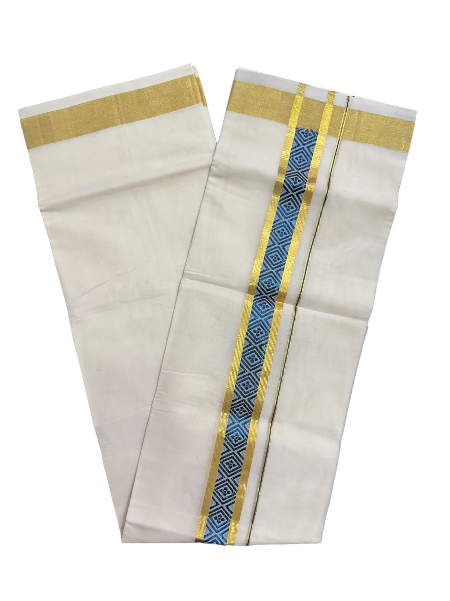 Southloom Premium Handloom Pure Cotton Mundu with Golden and Blue Kasavu Woven Border