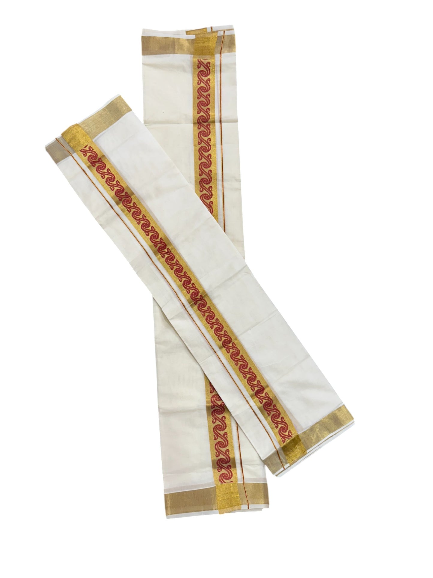 Kerala Pure Cotton Single Set Mundu (Mundum Neriyathum) with Red Block Prints on Kasavu Border-2.80Mtrs