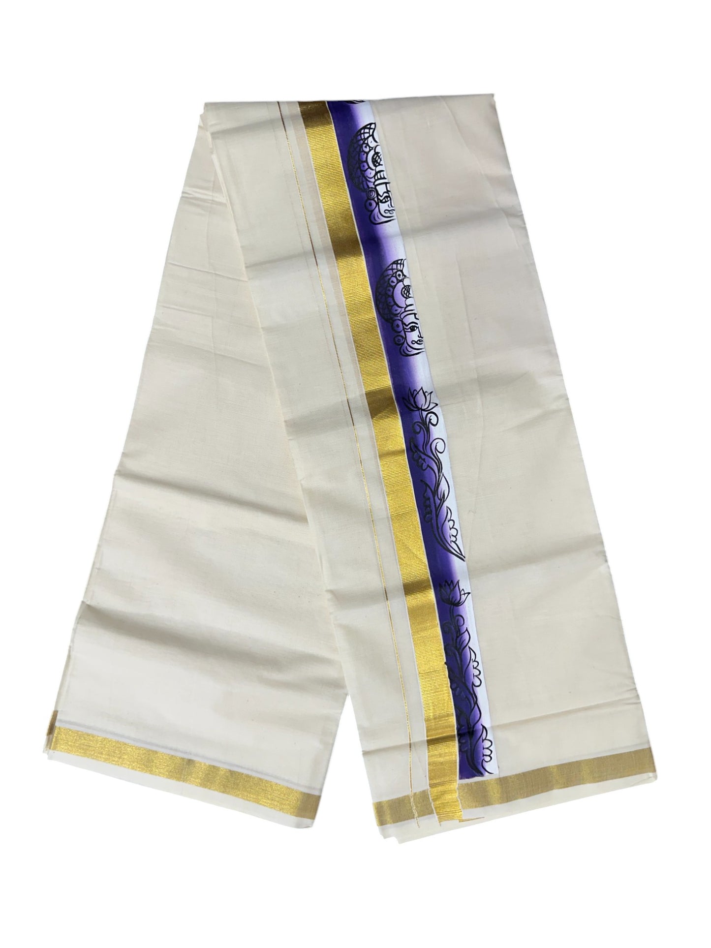 Kerala Pure Cotton Double Mundu with Hand Painted Designs on Kasavu Border(South Indian Kerala Dhoti)