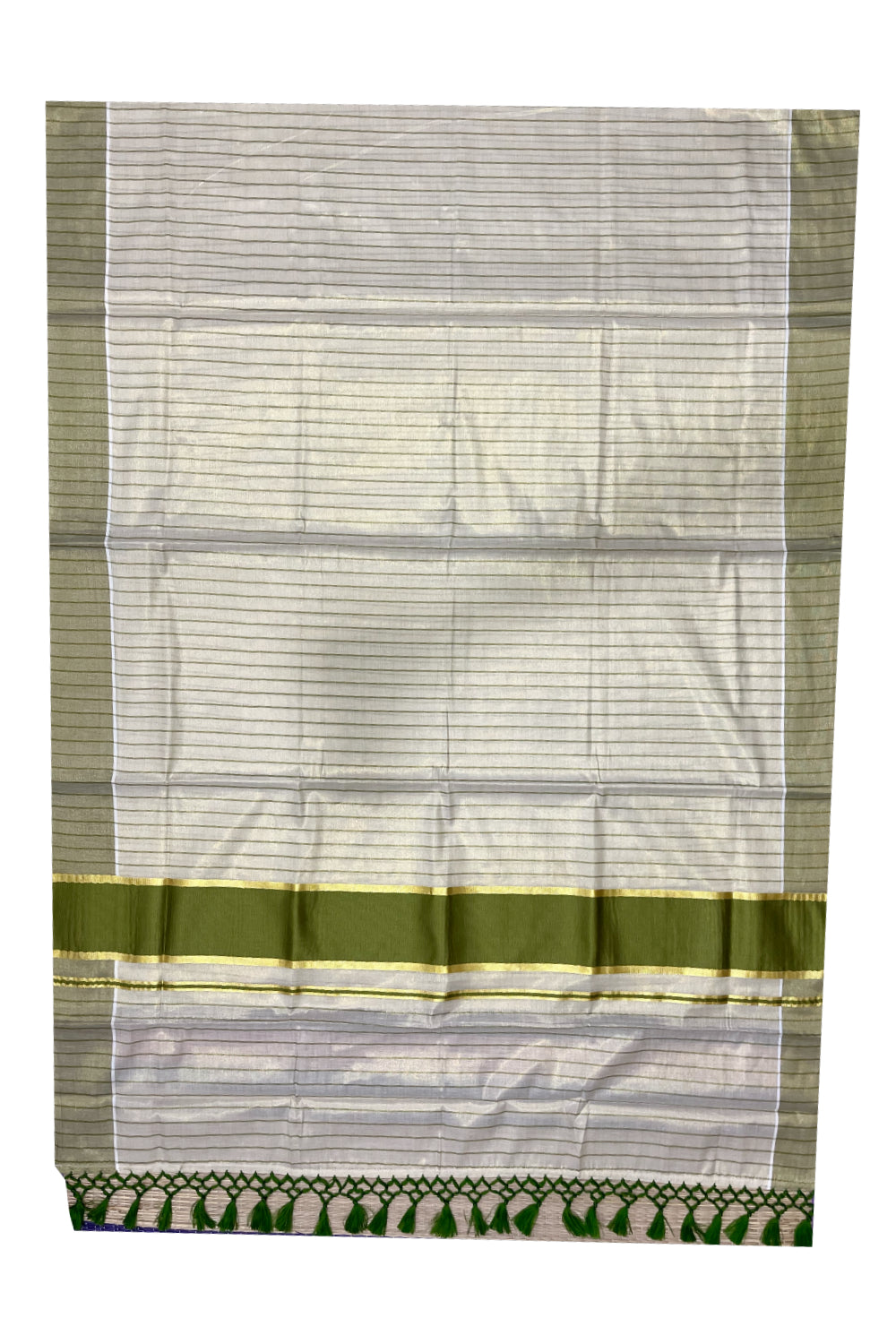 Kerala Tissue Light Green Striped Saree with Kasavu Border and Tassels Works (Vishu 2024 Collection)