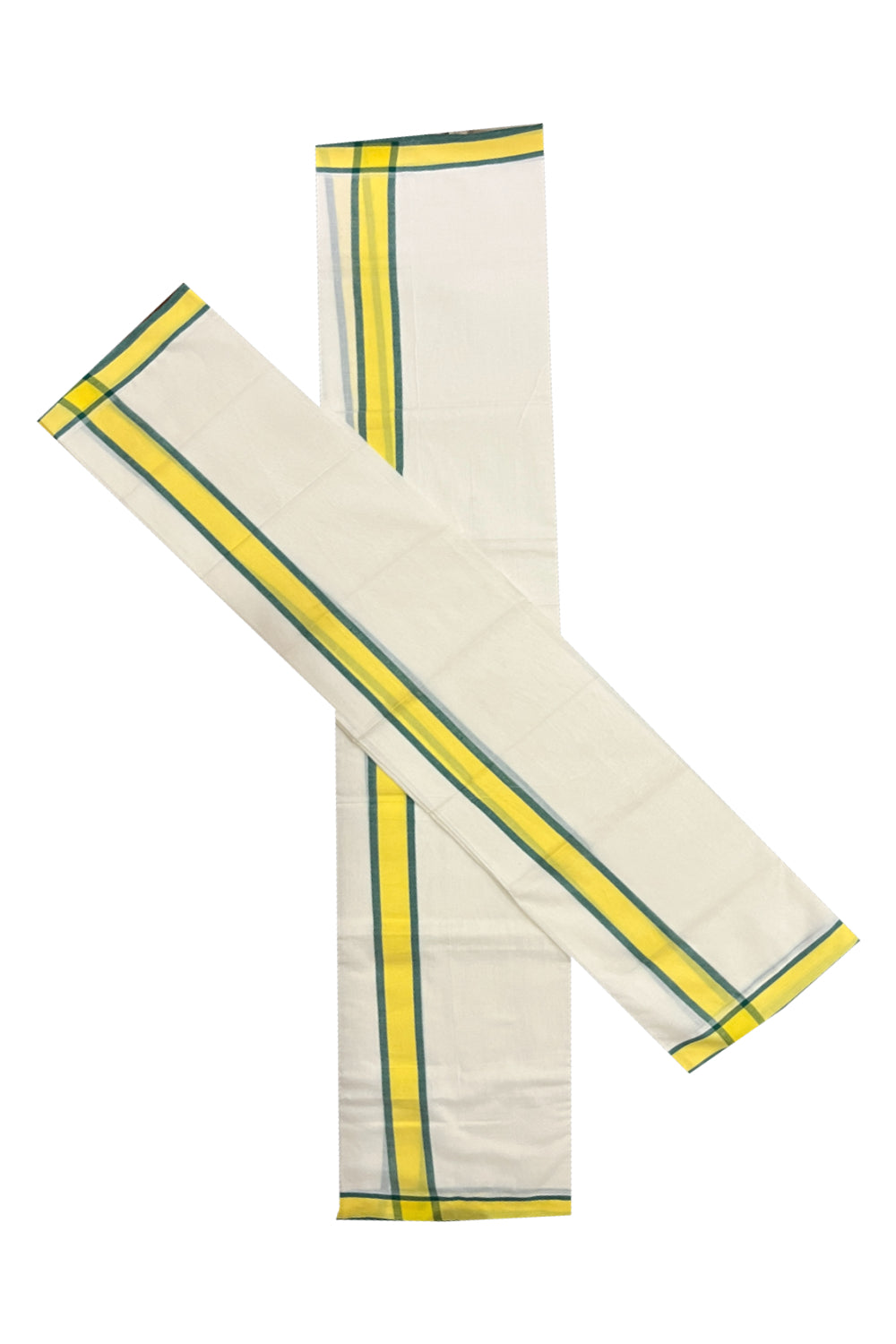 Kerala Cotton Mulloth Single Set Mundu (Mundum Neriyathum) with Yellow and Green Border (Extra Soft Cotton)